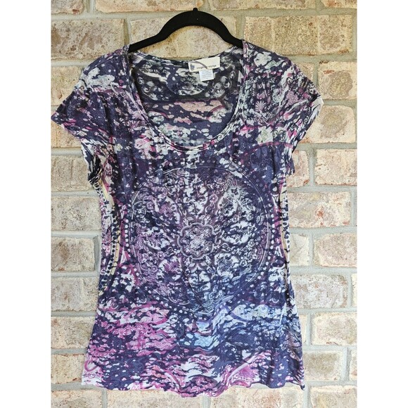ALK Women's L Imaginary Voyage Purple Distressed Short Sleeve Tee Shirt T-Shirt - Picture 2 of 5